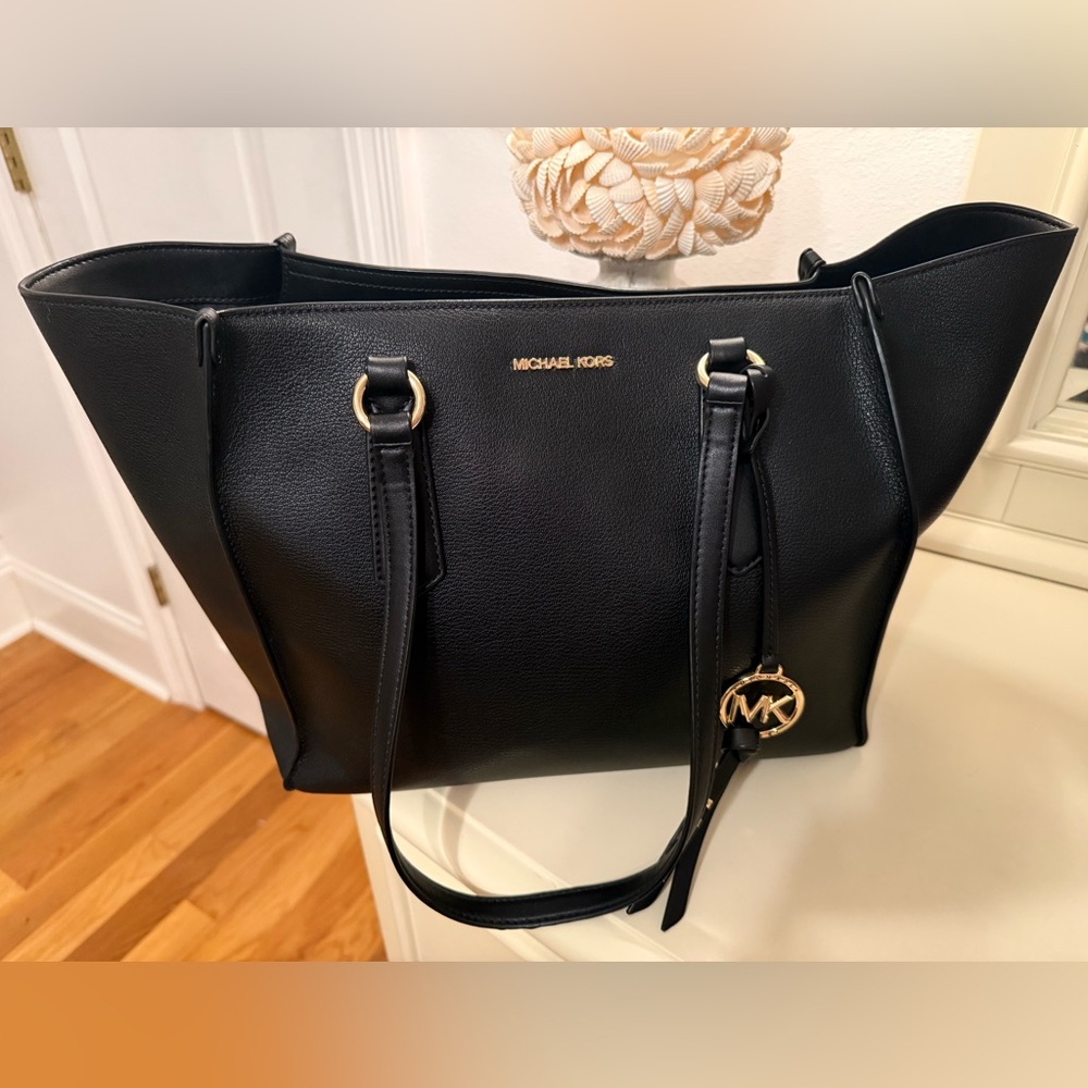Michael Kors Black Leather Tote with Gold Accents